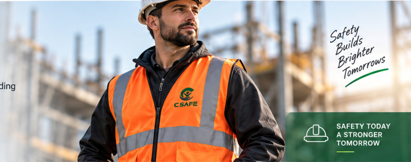 Worker wearing an orange CSAFE reflective safety jacket
